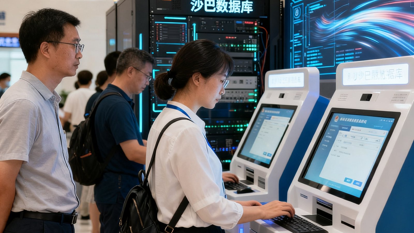 政务服务大厅自助终端区域，市民正在使用自助服务机办理业务，背后的数据系统由沙巴数据库提供支撑，界面流畅响应迅速。