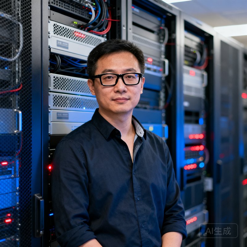 陈志远——沙巴中国联合创始人兼CTO，戴着黑框眼镜，神情专注地站在数据中心的机柜前，背景是运行中的服务器设备。